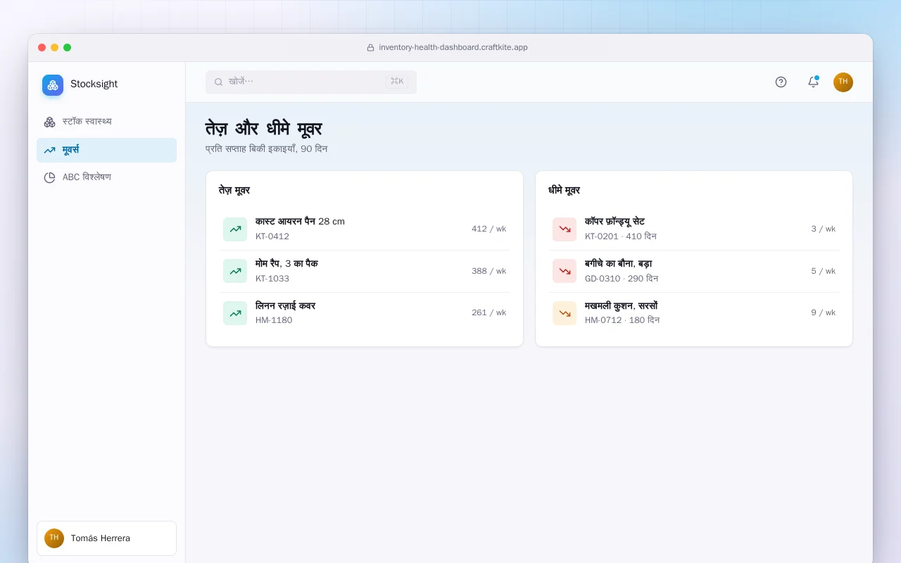 इन्वेंटरी हेल्थ डैशबोर्ड: तेज़ और धीमे मूवर स्क्रीन