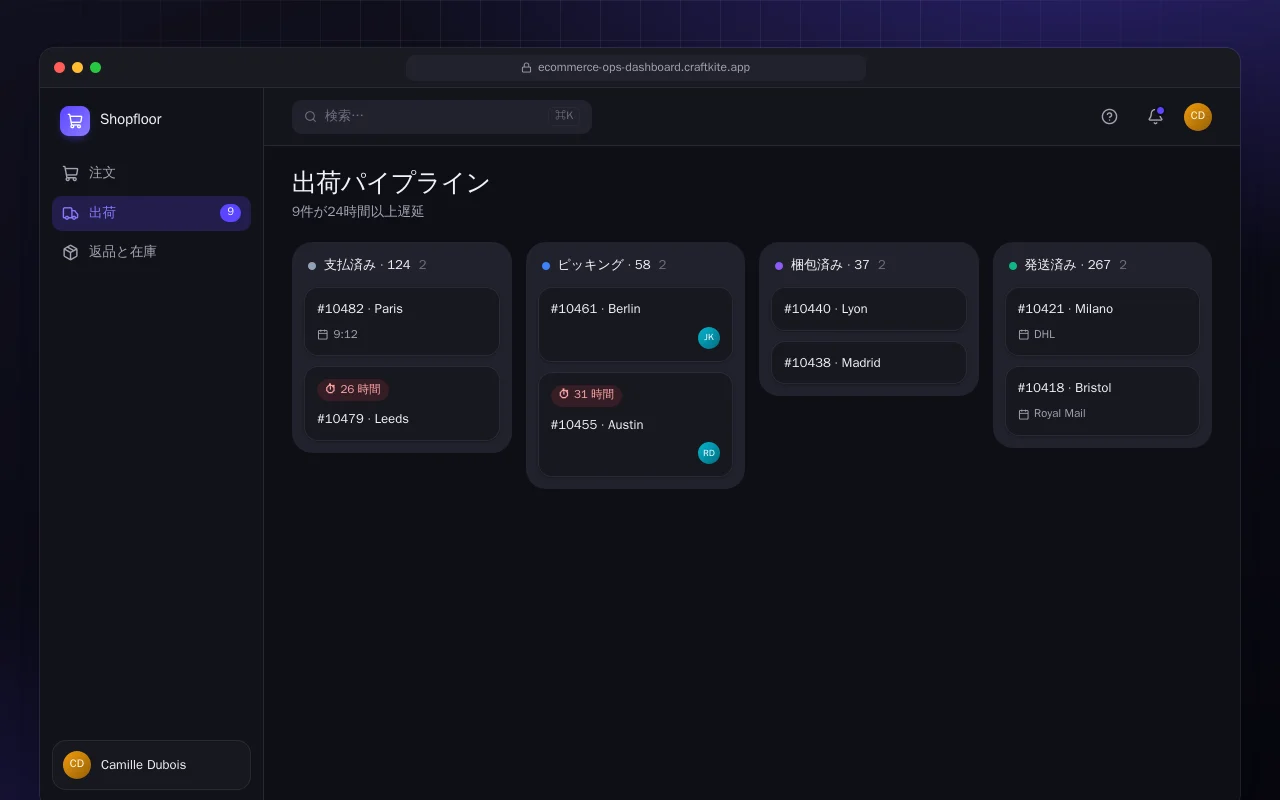 ECオペレーションダッシュボード：出荷パイプライン画面