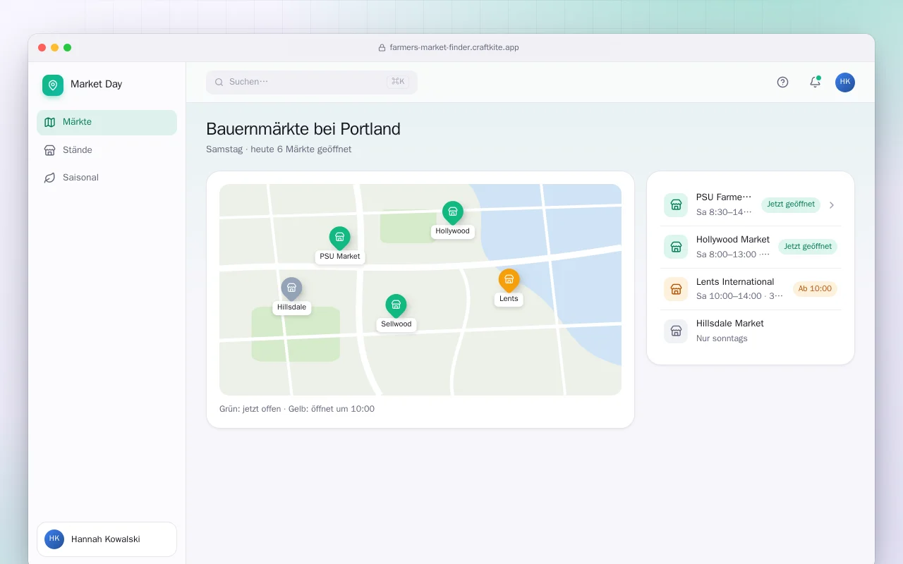 Wochenmarkt- und Händlerfinder: der Bildschirm „Bauernmärkte bei Portland“