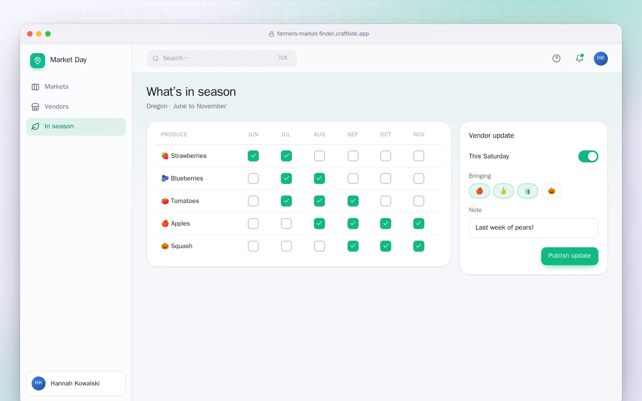 Farmers market and vendor finder: the What’s in season screen