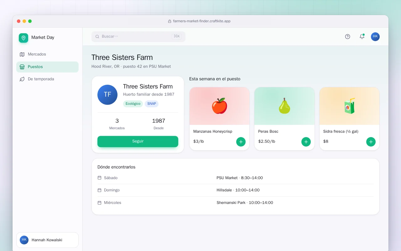 Buscador de mercados y productores locales: la pantalla Three Sisters Farm