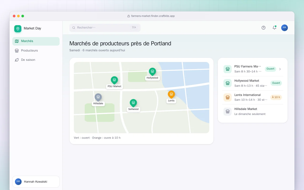Annuaire des marchés et producteurs : l’écran Marchés de producteurs près de Portland