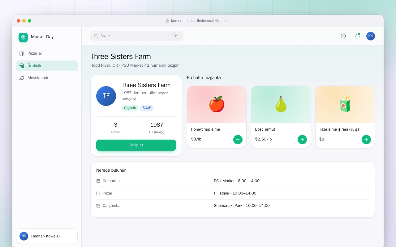 Semt pazarı ve üretici bulucu: Three Sisters Farm ekranı