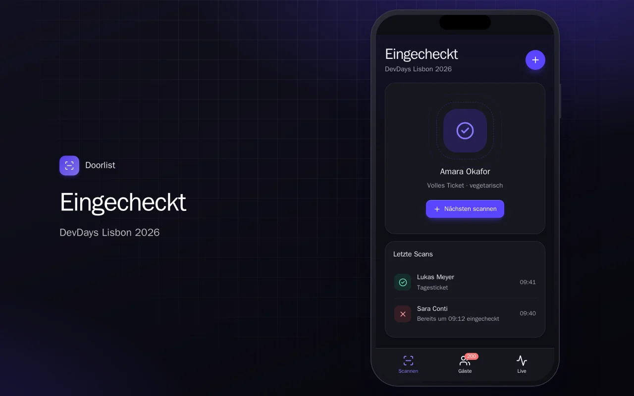 Event-Check-in-Scanner: der Bildschirm „Eingecheckt“