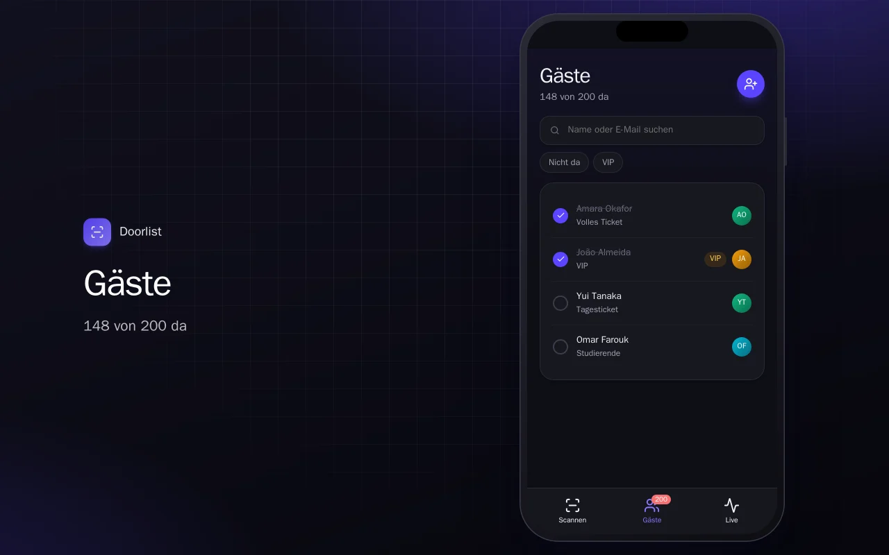 Event-Check-in-Scanner: der Bildschirm „Gäste“