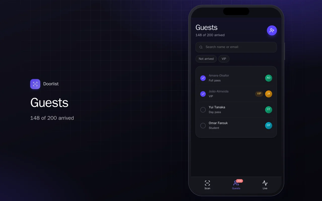 Event check-in scanner: the Guests screen