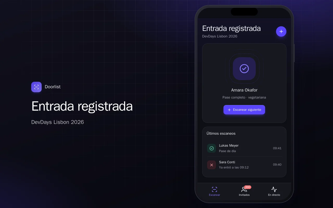 Control de acceso a eventos: la pantalla Entrada registrada