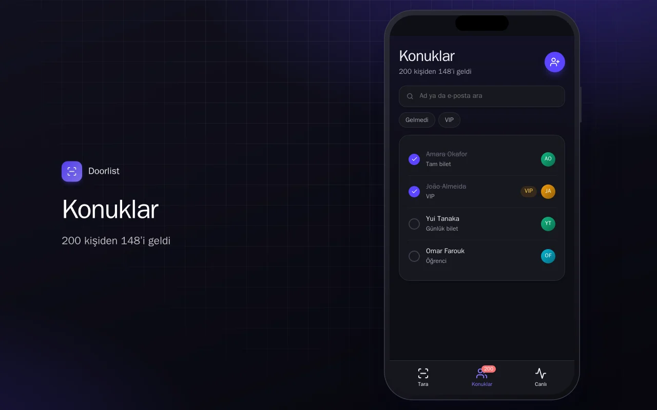 Etkinlik giriş tarayıcı: Konuklar ekranı