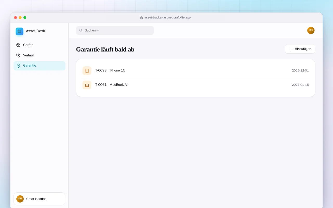 IT-Inventar (ASP.NET Core): der Bildschirm „Garantie läuft bald ab“