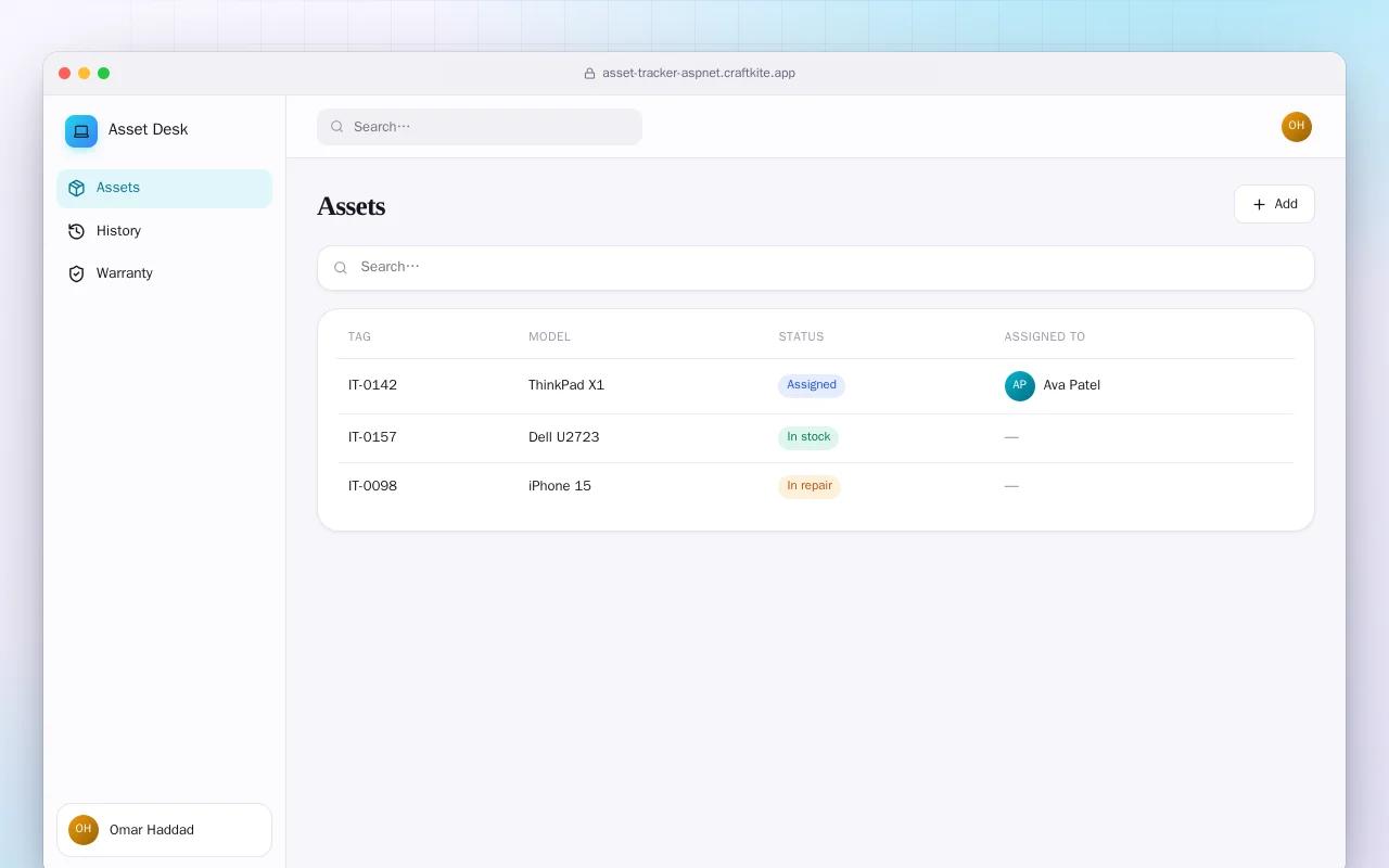 IT Asset Tracker (ASP.NET Core): the Assets screen