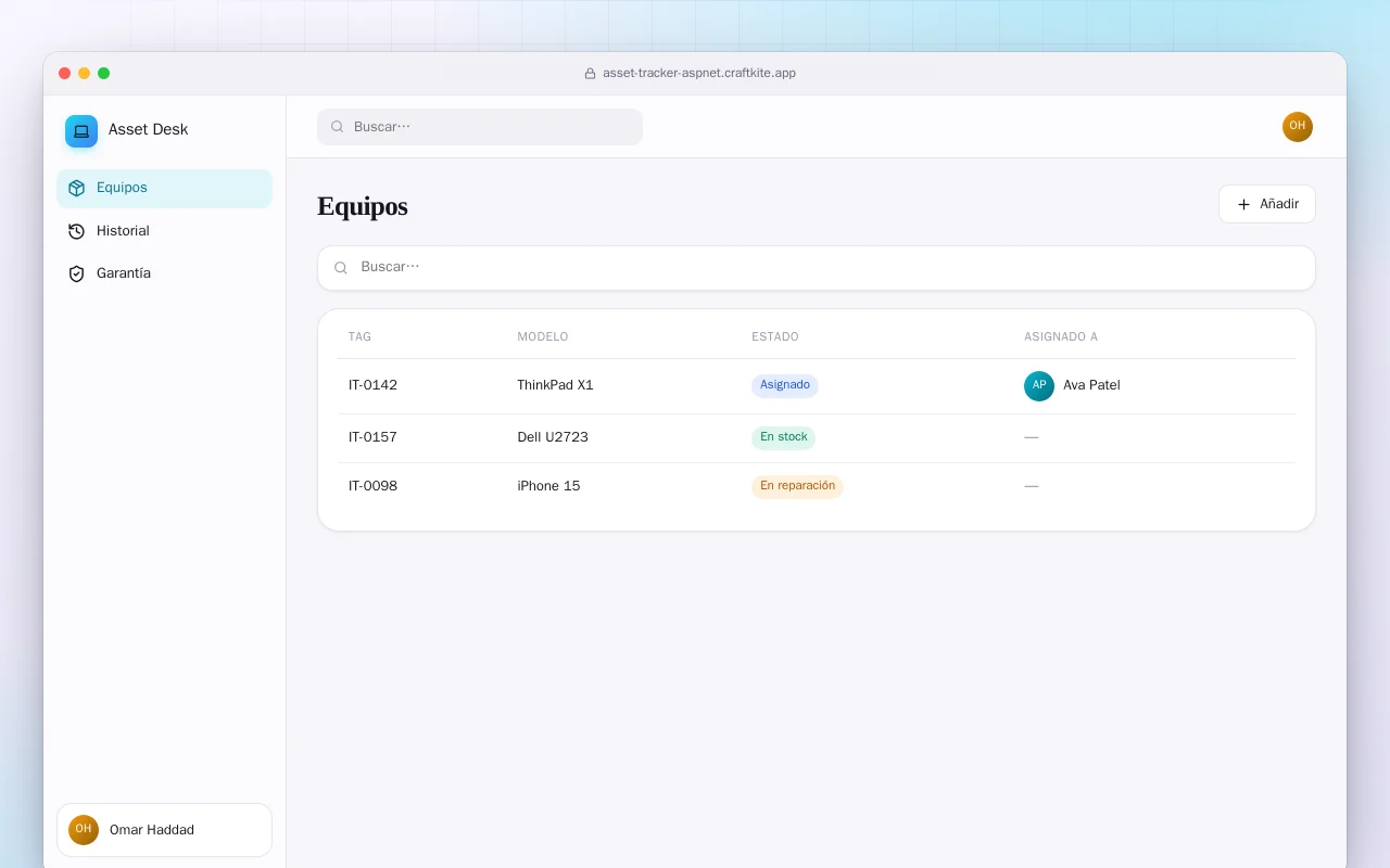 Inventario de equipos TI (ASP.NET Core): la pantalla Equipos