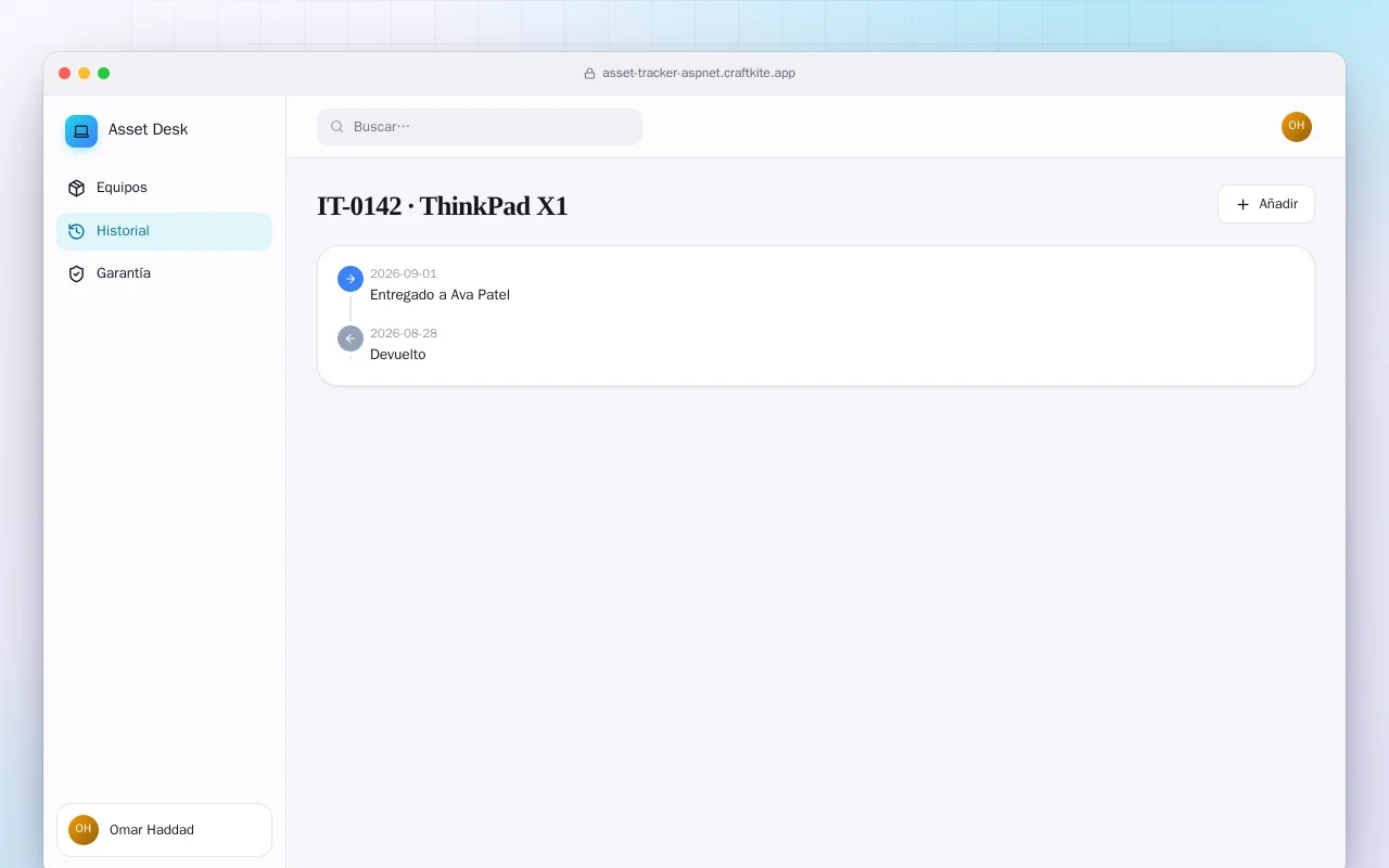 Inventario de equipos TI (ASP.NET Core): la pantalla IT-0142 · ThinkPad X1