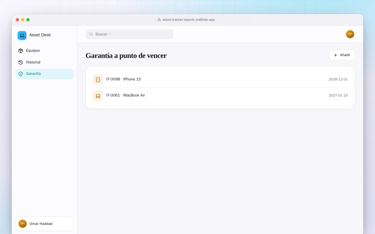 Inventario de equipos TI (ASP.NET Core): la pantalla Garantía a punto de vencer
