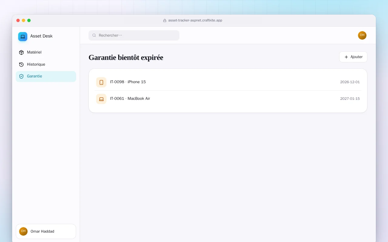 Suivi du parc informatique (ASP.NET Core) : l’écran Garantie bientôt expirée