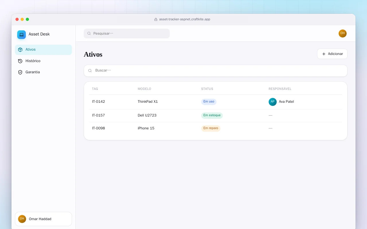 Controle de ativos de TI (ASP.NET Core): a tela Ativos