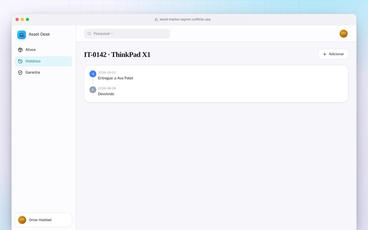 Controle de ativos de TI (ASP.NET Core): a tela IT-0142 · ThinkPad X1