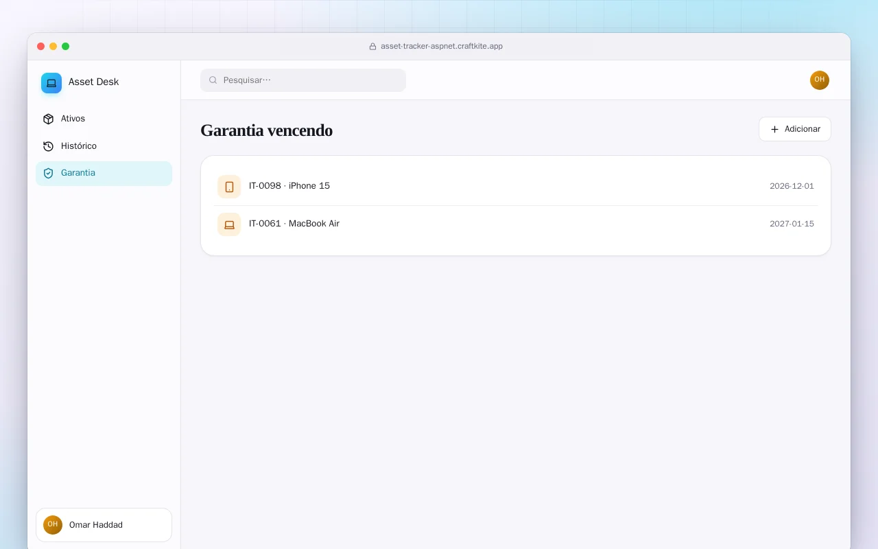 Controle de ativos de TI (ASP.NET Core): a tela Garantia vencendo