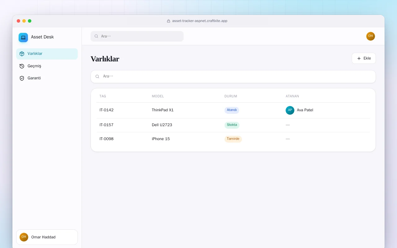 BT Varlık Takibi (ASP.NET Core): Varlıklar ekranı