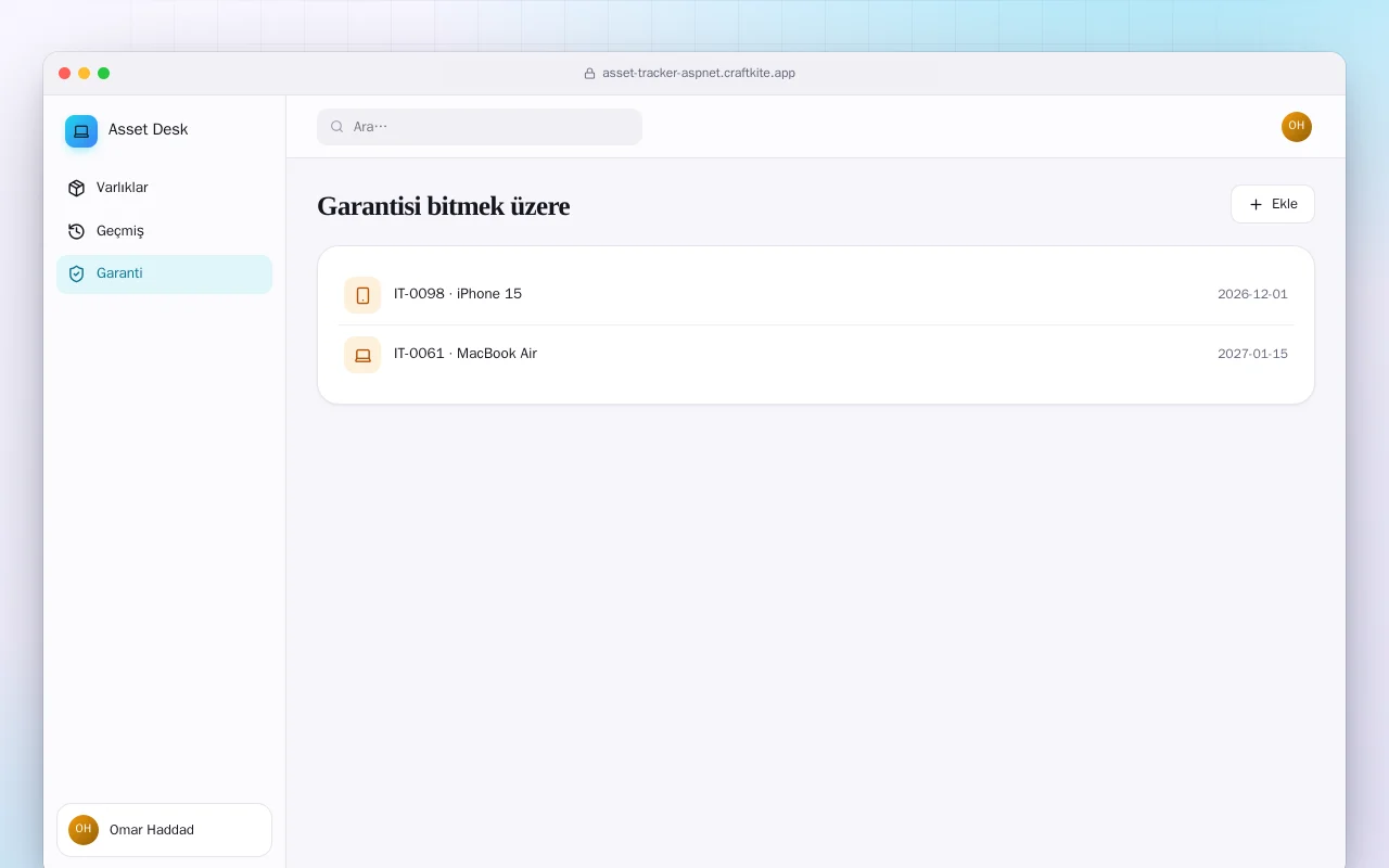 BT Varlık Takibi (ASP.NET Core): Garantisi bitmek üzere ekranı