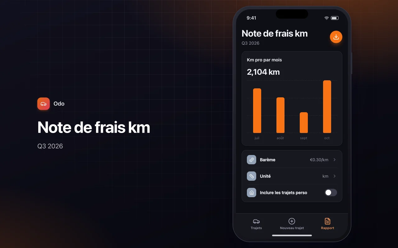 Journal de kilométrage et de trajets : l’écran Note de frais km