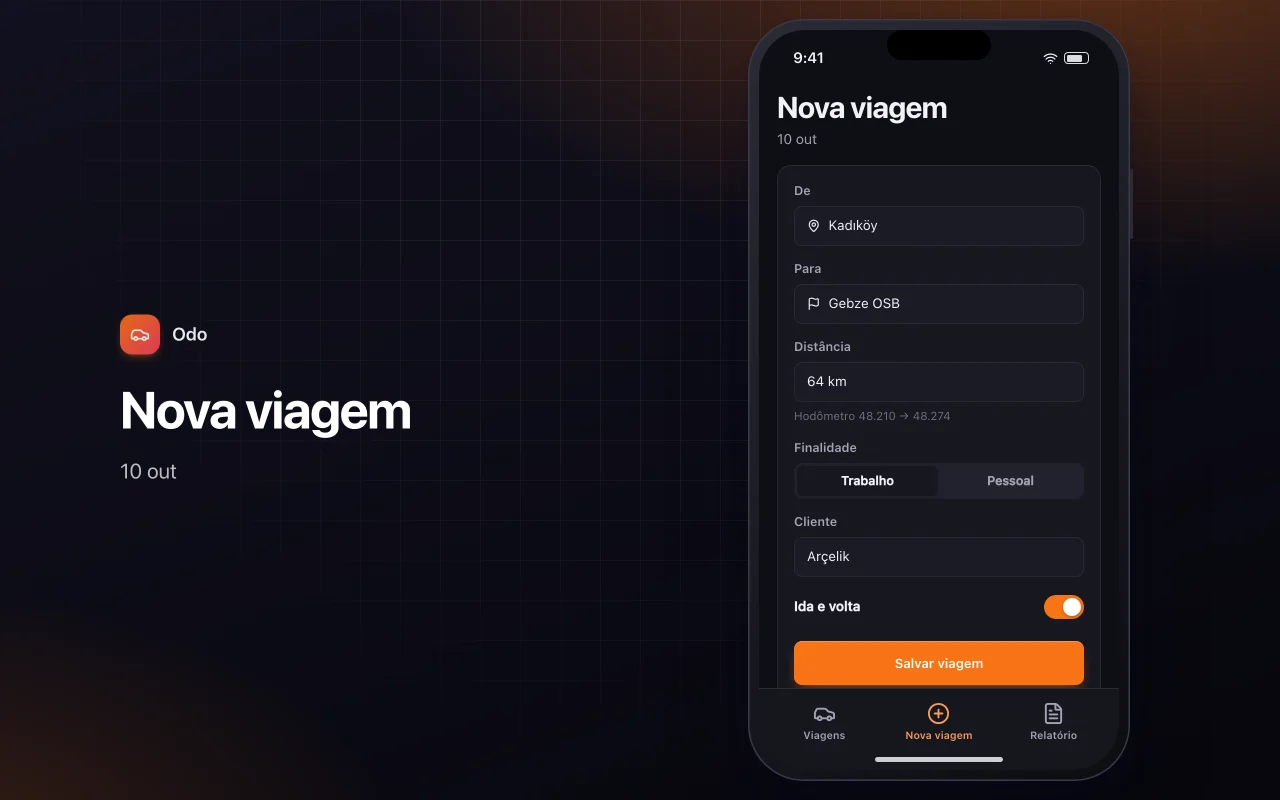 Registro de quilometragem e viagens: a tela Nova viagem