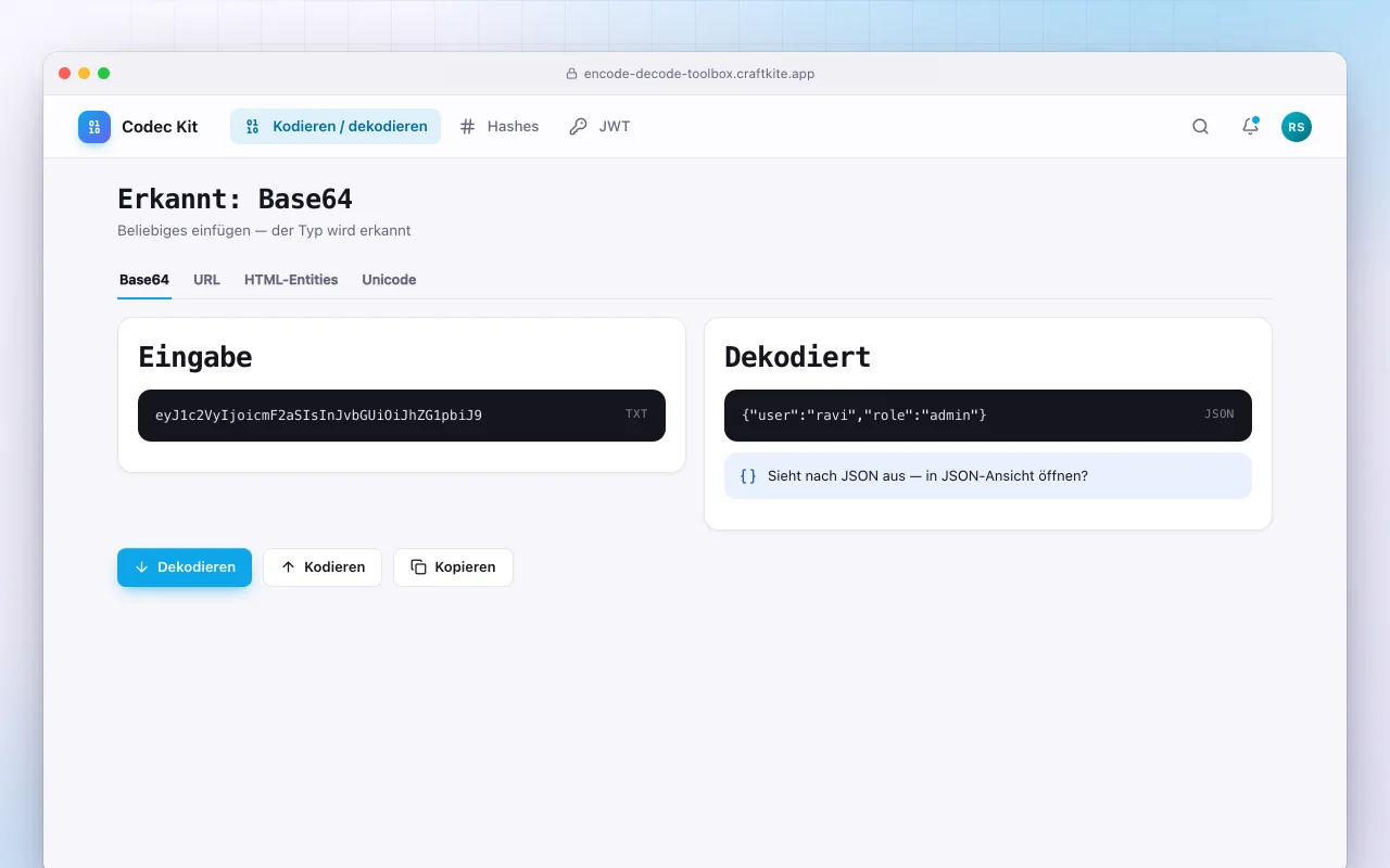Kodier- und Dekodier-Werkzeugkasten: der Bildschirm „Erkannt: Base64“