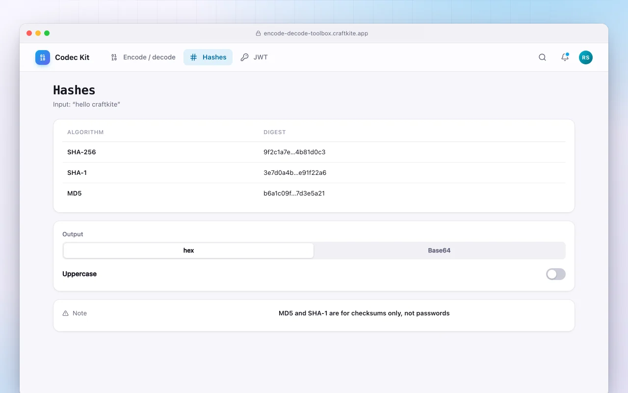 Encode and decode toolbox: the Hashes screen
