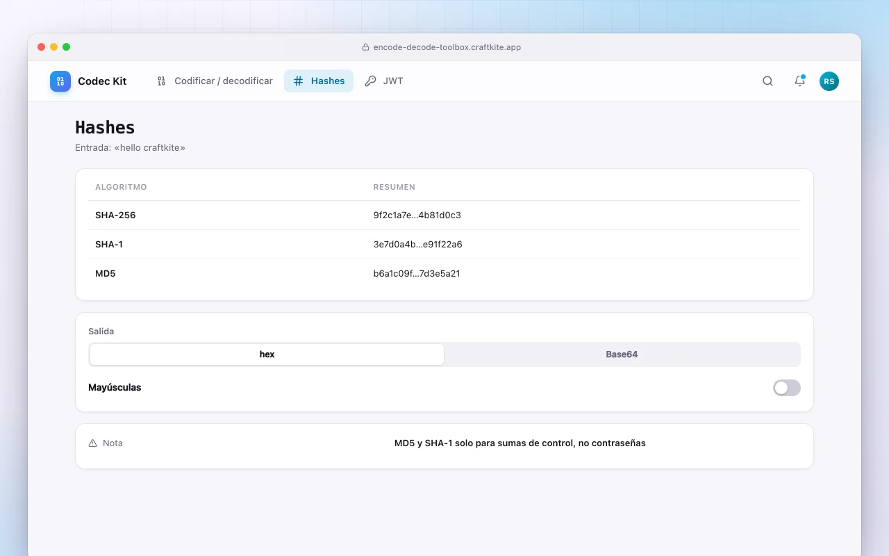 Caja de herramientas de codificación: la pantalla Hashes