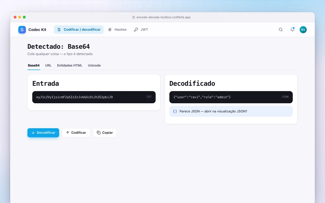 Caixa de ferramentas de codificação: a tela Detectado: Base64