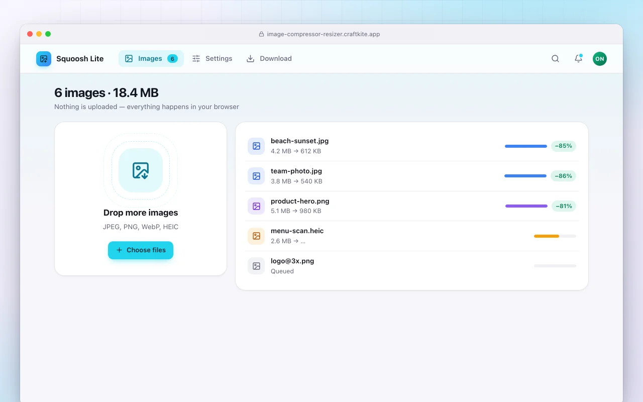 Image compressor and resizer: the 6 images · 18.4 MB screen