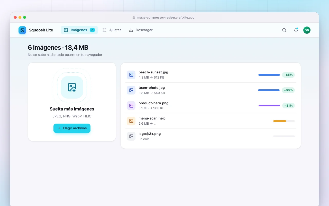 Compresor y redimensionador de imágenes: la pantalla 6 imágenes · 18,4 MB