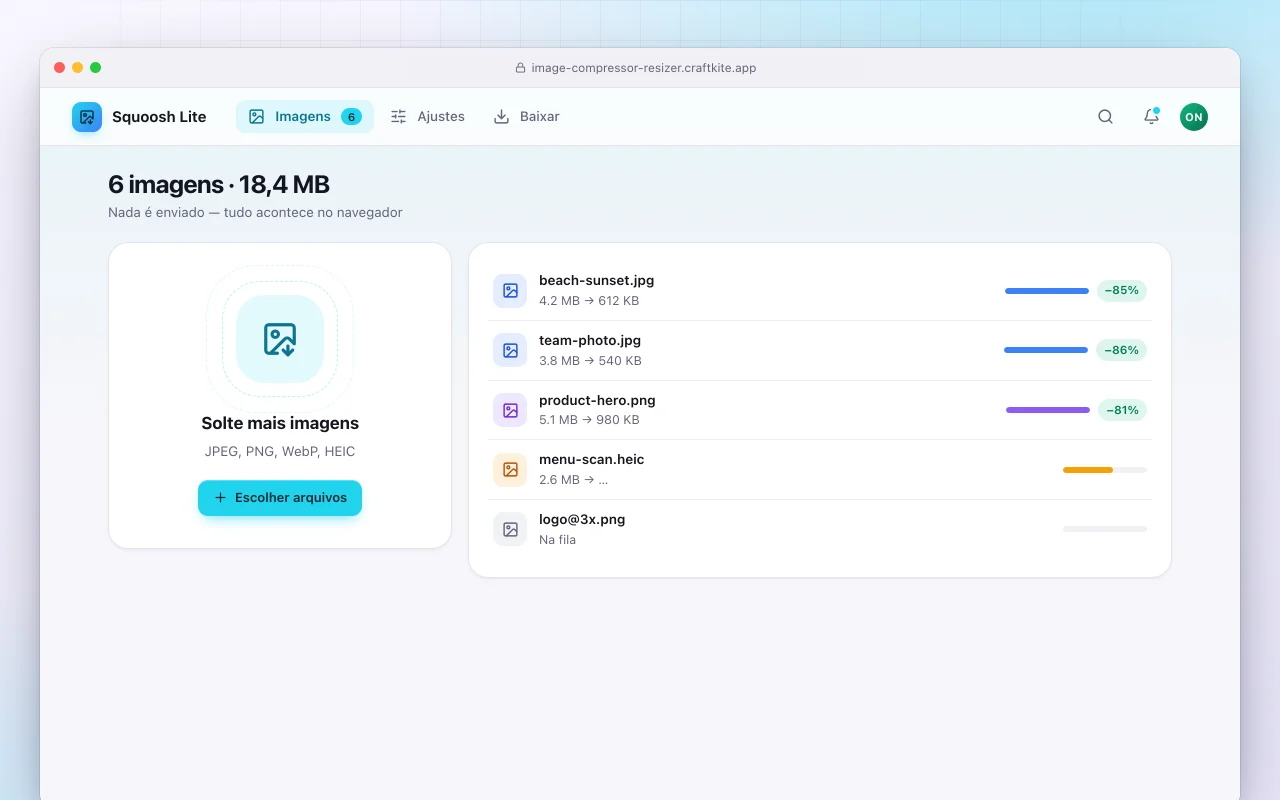 Compressor e redimensionador de imagens: a tela 6 imagens · 18,4 MB