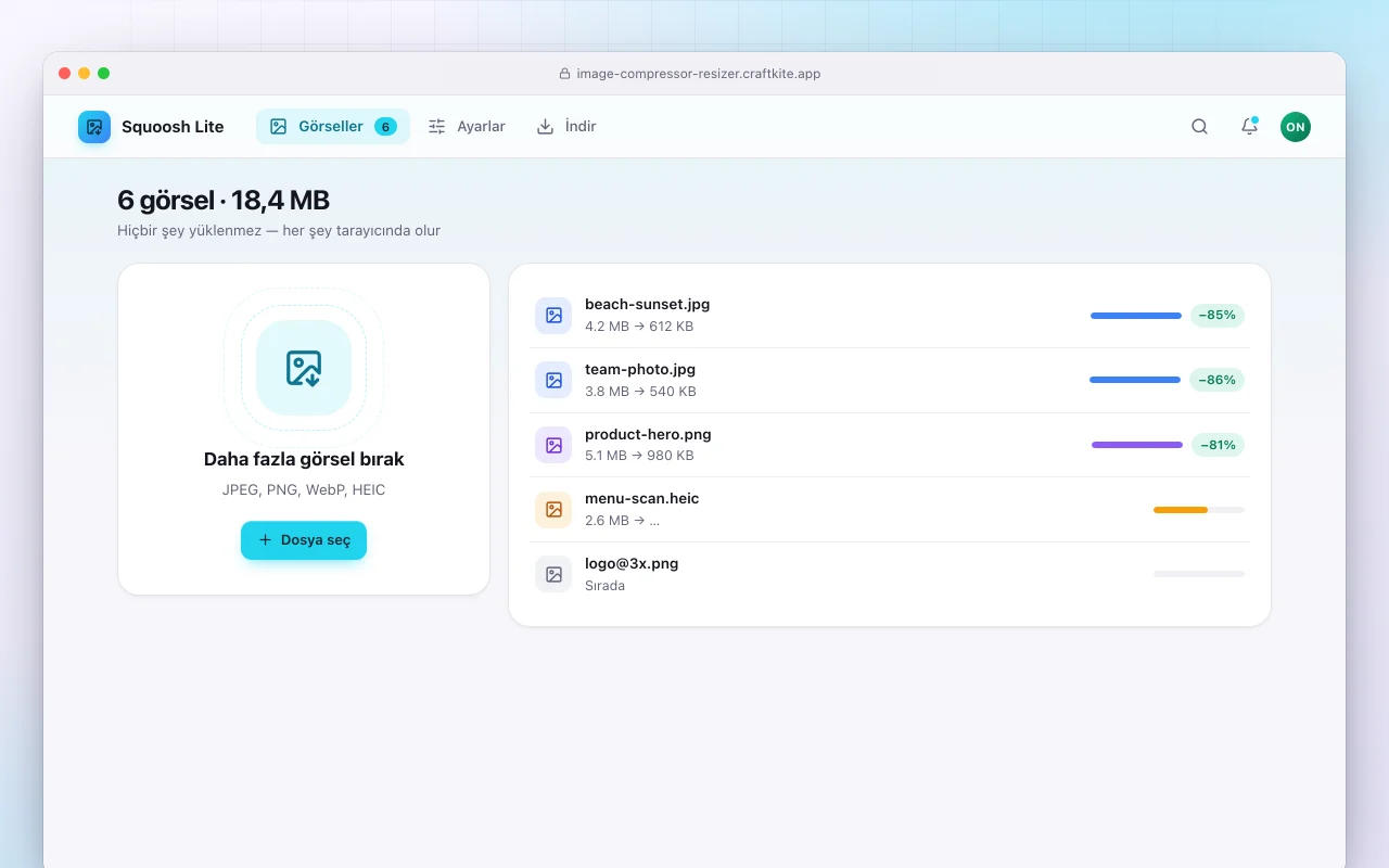 Görsel sıkıştırıcı ve yeniden boyutlandırıcı: 6 görsel · 18,4 MB ekranı
