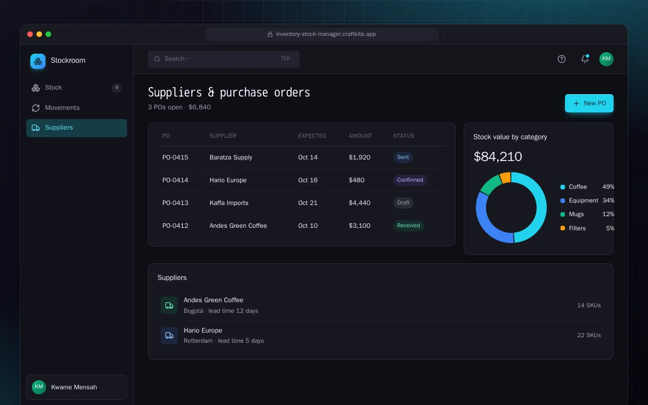 Inventory and stock manager: the Suppliers & purchase orders screen