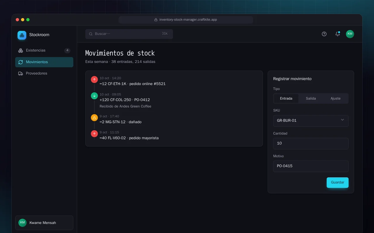 Gestor de inventario y stock: la pantalla Movimientos de stock