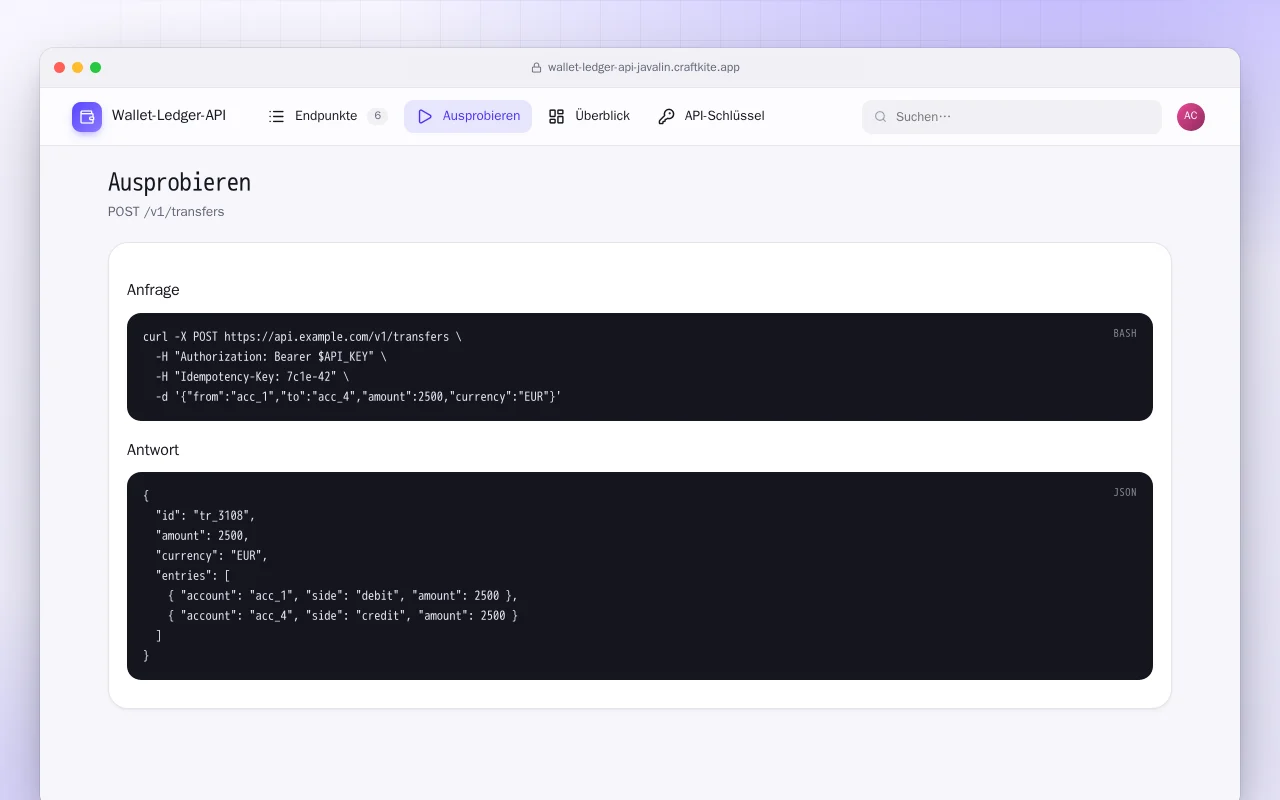 Wallet-Ledger-API (Java): der Bildschirm „Ausprobieren“