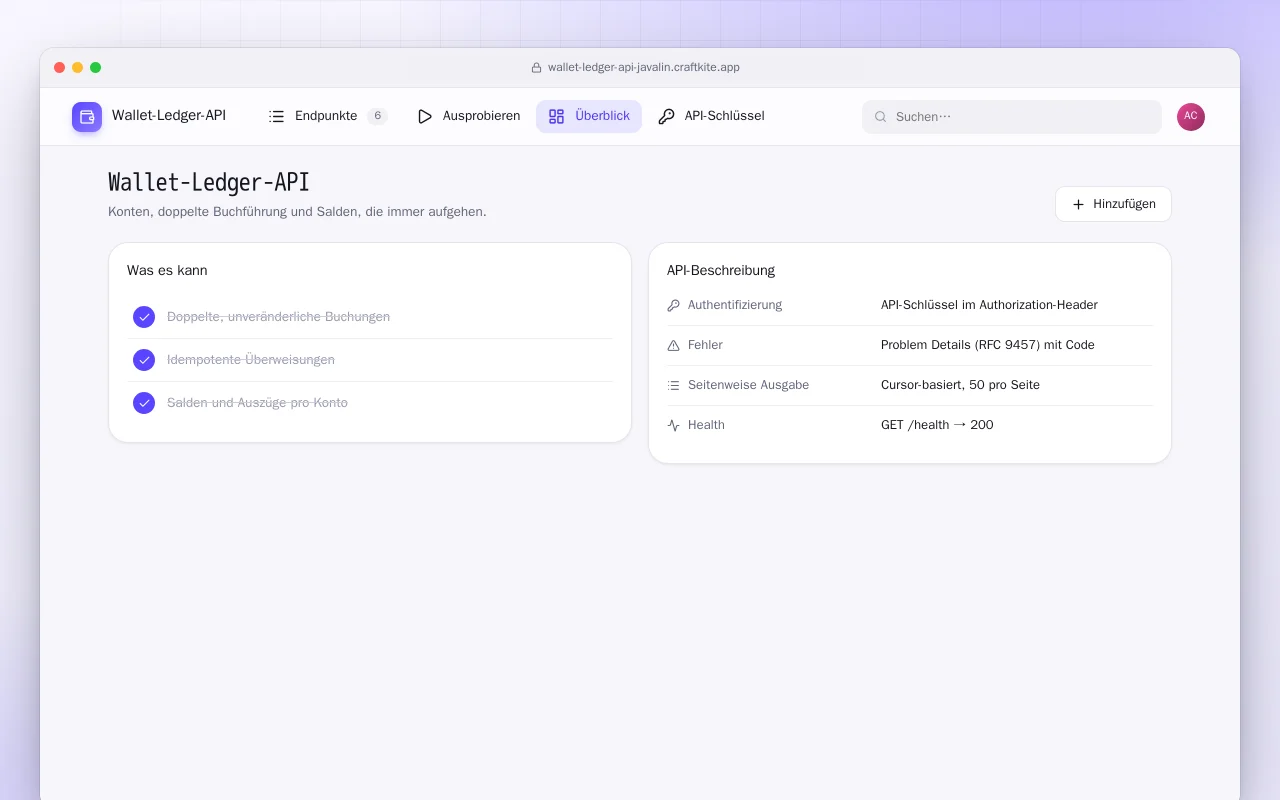 Wallet-Ledger-API (Java): der Bildschirm „Wallet-Ledger-API“