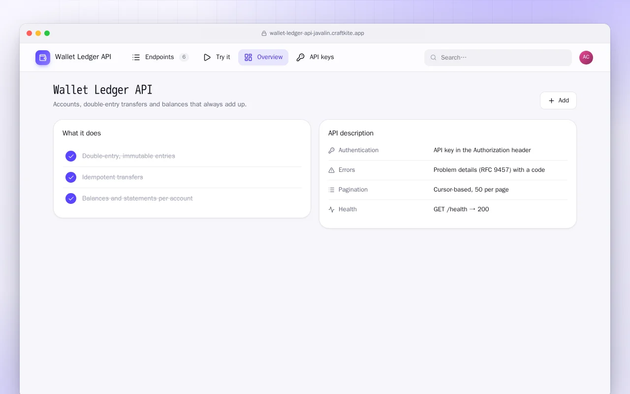 Wallet Ledger API (Java): the Wallet Ledger API screen