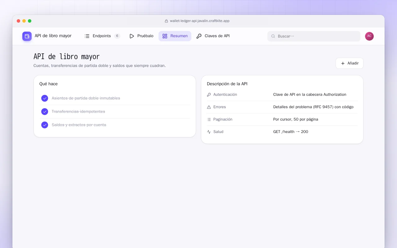 API de libro mayor (Java): la pantalla API de libro mayor
