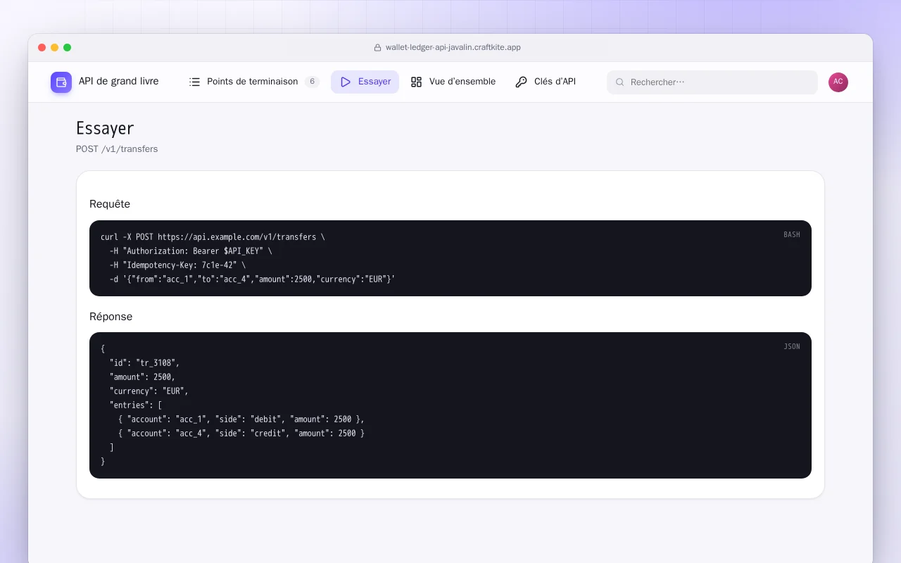 API de grand livre (Java) : l’écran Essayer