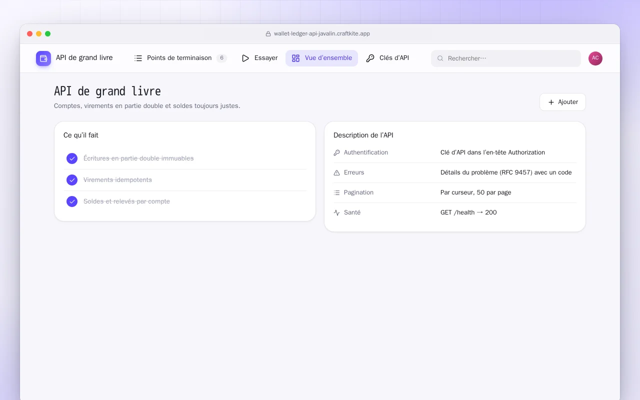 API de grand livre (Java) : l’écran API de grand livre