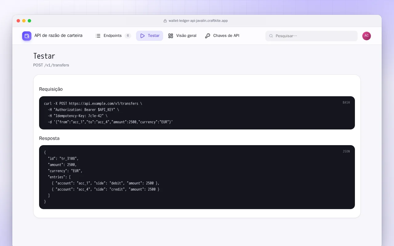 API de razão de carteira (Java): a tela Testar