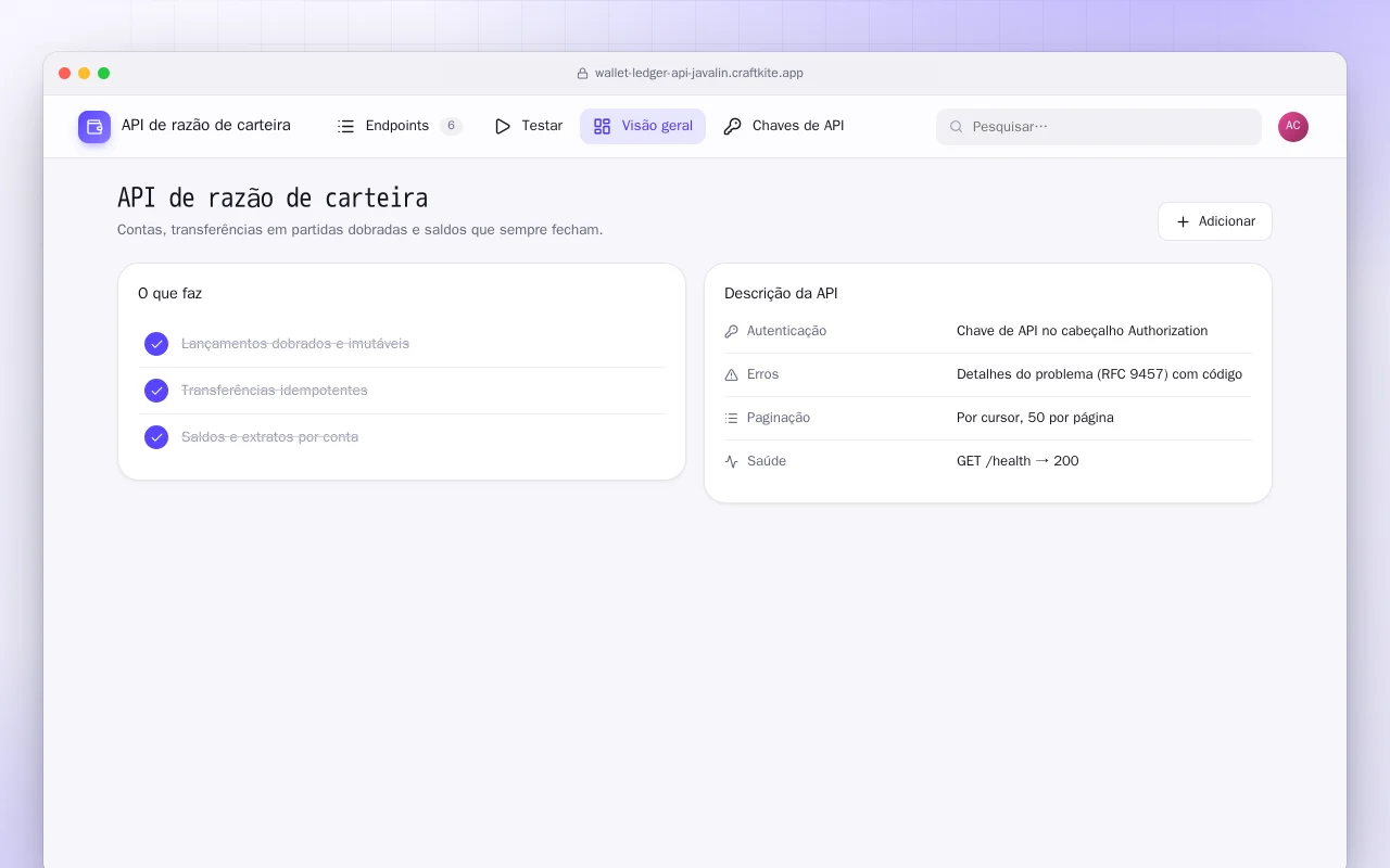 API de razão de carteira (Java): a tela API de razão de carteira