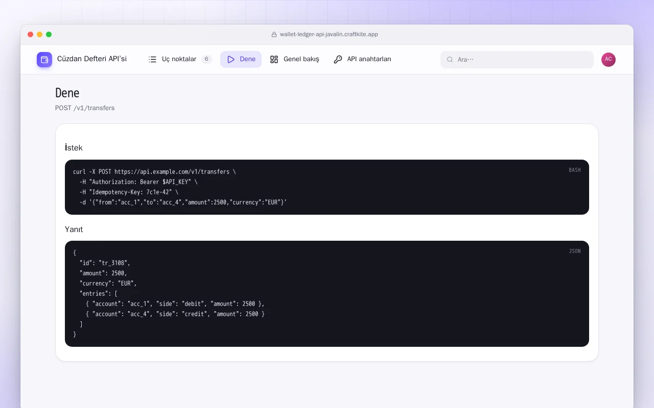 Cüzdan Defteri API’si (Java): Dene ekranı