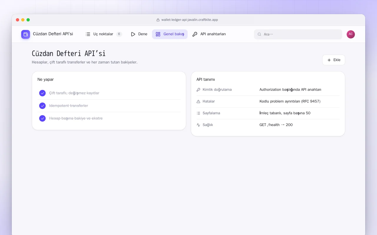 Cüzdan Defteri API’si (Java): Cüzdan Defteri API’si ekranı