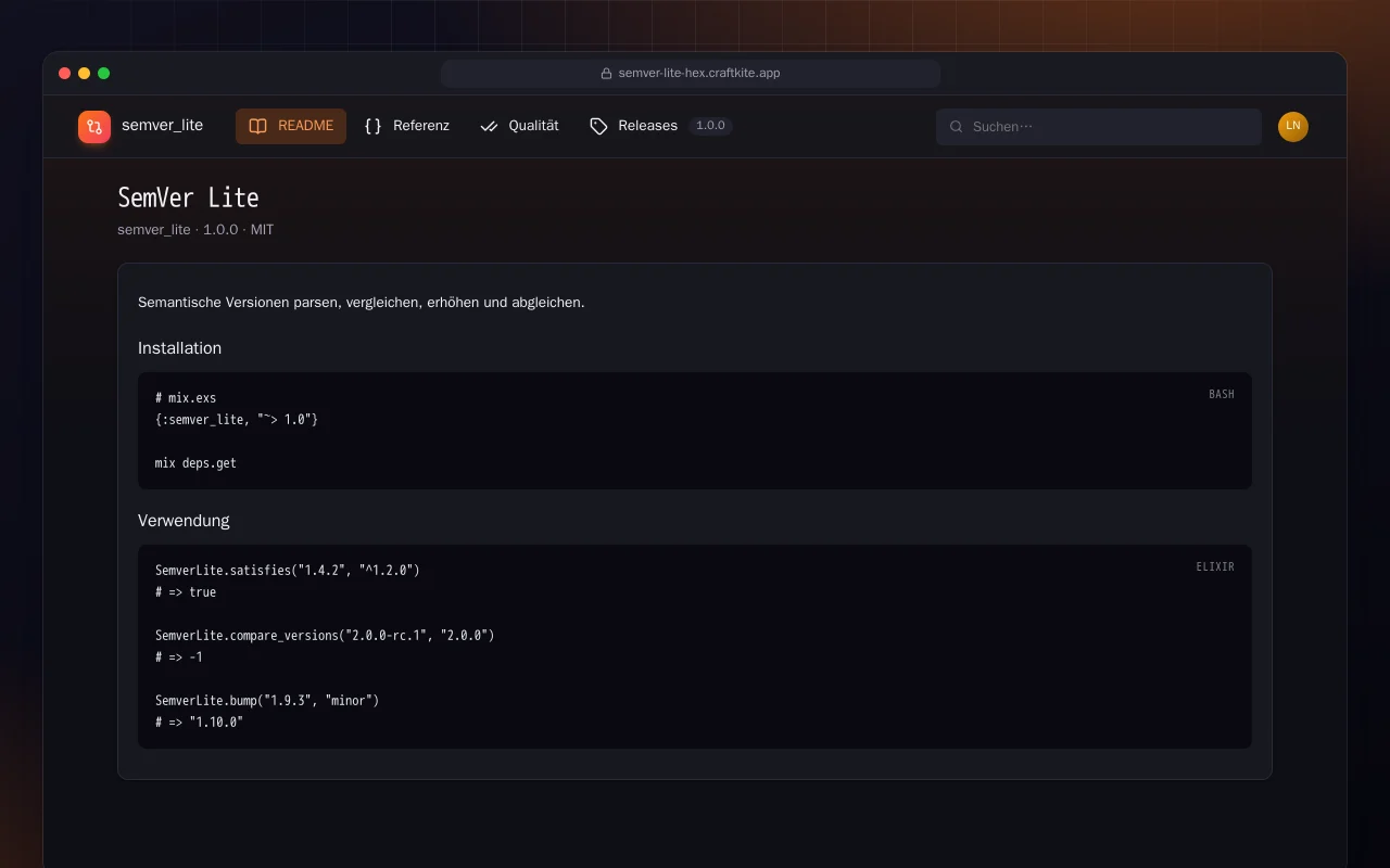 SemVer Lite (Elixir): der Bildschirm „SemVer Lite“