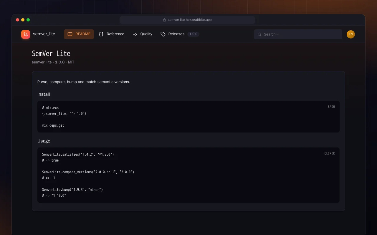 SemVer Lite (Elixir): the SemVer Lite screen