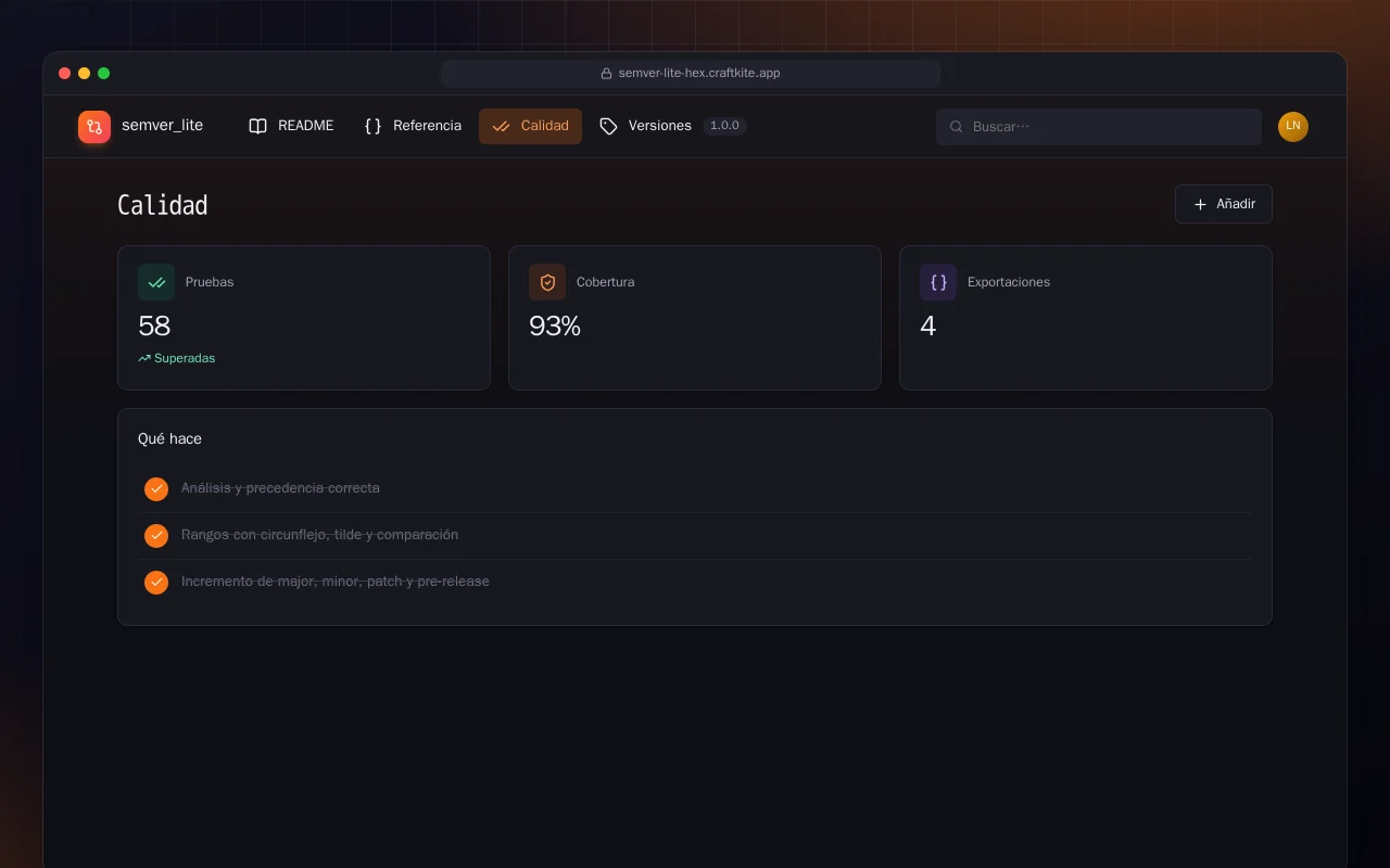 SemVer Lite (Elixir): la pantalla Calidad