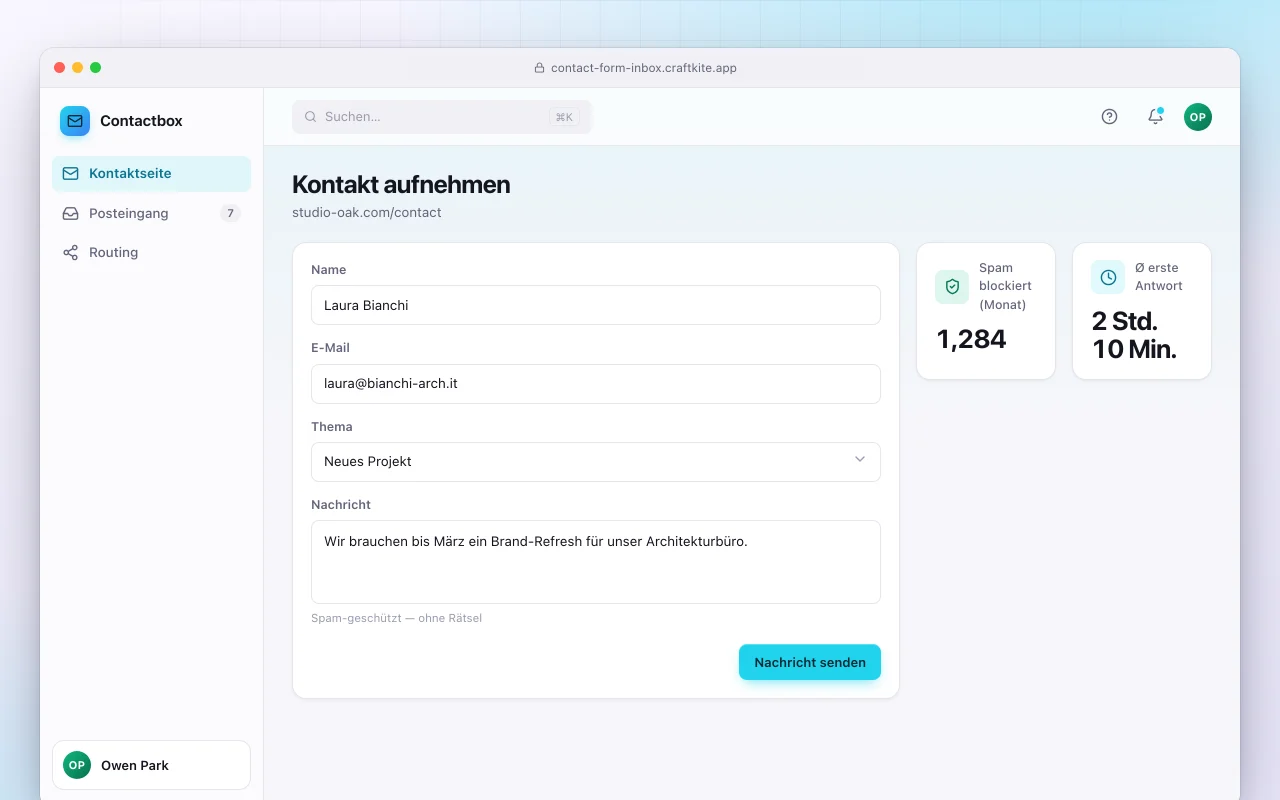 Kontaktformular mit Posteingang: der Bildschirm „Kontakt aufnehmen“