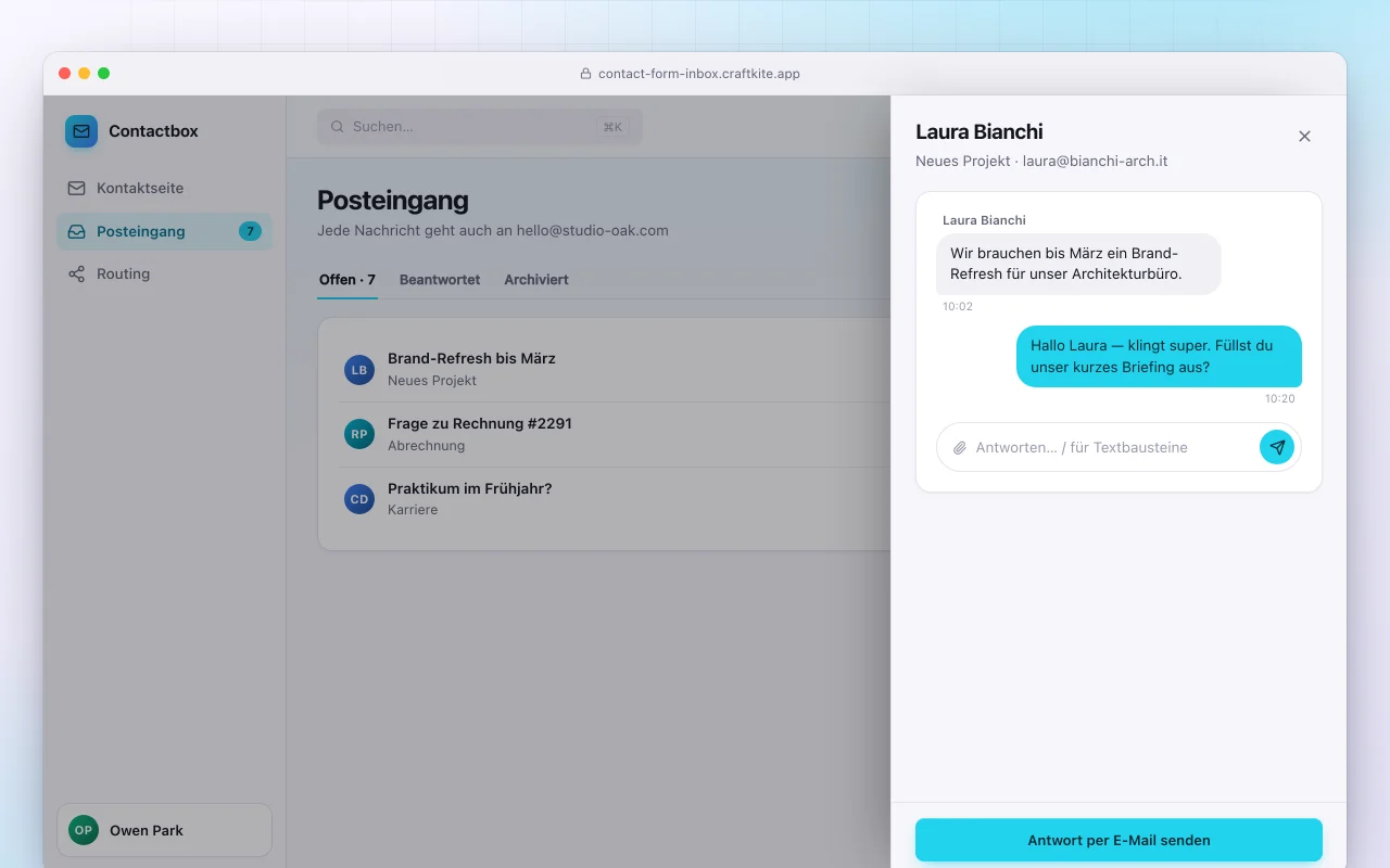 Kontaktformular mit Posteingang: der Bildschirm „Posteingang“